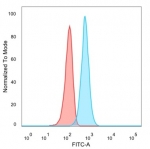 FACS staining of PFA-fixed human HeLa cells with TSC22D1 antibody (blue, clone PCRP-TSC22D1-1A2), and unstained cells (red).