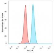 FACS staining of PFA-fixed human HeLa cells with RBM8A/Y14 antibody (blue, clone PCRP-RBM8A-1B4), and unstained cells (red).