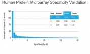 Analysis of HuProt(TM) microarray containing more than 19,000 full-length human proteins using Apolipoprotein D antibody (clone APOD/3413). These results demonstrate the foremost specificity of the APOD/3413 mAb. Z- and S- score: The Z-score represents the strength of a signal that an antibody (in combination with a fluorescently-tagged anti-IgG secondary Ab) produces when binding to a particular protein on the HuProt(TM) array. Z-scores are described in units of standard deviations (SD's) above the mean value of all signals generated on that array. If the targets on the HuProt(TM) are arranged in descending order of the Z-score, the S-score is the difference (also in units of SD's) between the Z-scores. The S-score therefore represents the relative target specificity of an Ab to its intended target.