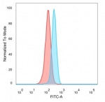 FACS staining of PFA-fixed human HeLa cells with TADA1 antibody (blue, clone PCRP-TADA1-1C9), and unstained cells (red).