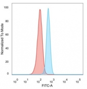 FACS staining of PFA-fixed human HeLa cells with MED7 antibody (blue, clone PCRP-MED7-1B8) and isotype control (red).