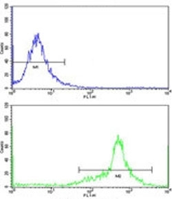 Flow cytometric analysis of WiDr cells using IGFBP6 antibody (green) compared to a <a href=../search_result.php?search_txt=n1001>negative control</a> (blue). FITC-conjugated goat-anti-rabbit secondary Ab was used for the analysis.