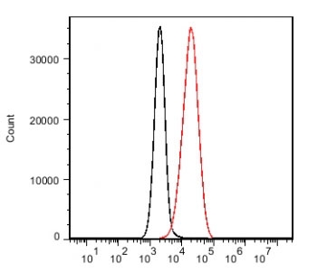 FACS testing of Jurkat T cells (black, negative cell line) and Ramos B cells (red, positive cell lilne), using CD19 antibody.