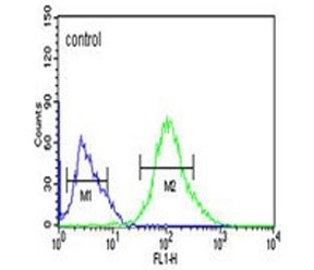 Flow cytometry testing of human Ramos cells with FCRL4 antibody; Blue=isotype control, Green= FCRL4 antibody.