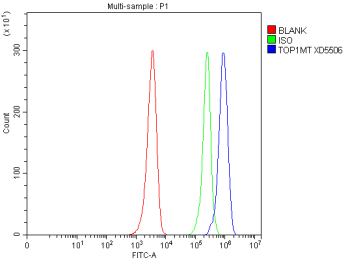 Flow Cytometry analysis of HEL cells using anti-TOP1MT antibody. Overlay histogram showing HEL cells stained with (Blue line). To facilitate intracellular staining, cells were fixed with 4% paraformaldehyde and permeabilized with permeabilization buffer. The cells were blocked with 10% normal goat serum. And then incubated with rabbit anti-TOP1MT antibody (1 ug/million cells) for 30 min at 20oC. DyLight 488 conjugated goat anti-rabbit IgG (5-10 ug/million cells) was used as secondary antibody for 30 minutes at 20oC. Isotype control antibody (Green line) was rabbit IgG (1 ug/million cells) used under the same conditions. Unlabelled sample without incubation with primary antibody and secondary antibody (Red line) was used as a blank control.