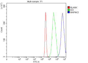 Flow Cytometry analysis of 293T cells using anti-MAP4K3 antibody. Overlay histogram showing 293T cells stained with (Blue line). To facilitate intracellular staining, cells were fixed with 4% paraformaldehyde and permeabilized with permeabilization buffer. The cells were blocked with 10% normal goat serum. And then incubated with rabbit anti-MAP4K3 antibody (1 ug/million cells) for 30 min at 20oC. DyLight 488 conjugated goat anti-rabbit IgG (5-10 ug/million cells) was used as secondary antibody for 30 minutes at 20oC. Isotype control antibody (Green line) was rabbit IgG (1 ug/million cells) used under the same conditions. Unlabelled sample (Red line) was also used as a control.