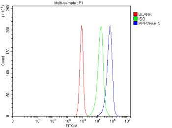 Flow Cytometry analysis of cells using anti-PPP2R5E antibody. Overlay histogram showing cells stained with (Blue line). To facilitate intracellular staining, cells were fixed with 4% paraformaldehyde and permeabilized with permeabilization buffer. The cells were blocked with 10% normal goat serum. And then incubated with rabbit anti-PPP2R5E antibody (1 ug/million cells) for 30 min at 20oC. DyLight 488 conjugated goat anti-rabbit IgG (5-10 ug/million cells) was used as secondary antibody for 30 minutes at 20oC. Isotype control antibody (Green line) was rabbit IgG (1 ug/million cells) used under the same conditions. Unlabelled sample without incubation with primary antibody and secondary antibody (Red line) was used as a blank control.