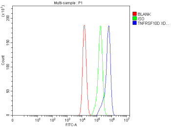 Flow Cytometry analysis of cells using anti-TNFRSF10D antibody. Overlay histogram showing cells stained with (Blue line). The cells were fixed with 4% paraformaldehyde and blocked with 10% normal goat serum. And then incubated with rabbit anti-TNFRSF10D antibody (1 ug/million cells) for 30 min at 20oC. DyLight 488 conjugated goat anti-rabbit IgG (5-10 ug/million cells) was used as secondary antibody for 30 minutes at 20oC. Isotype control antibody (Green line) was rabbit IgG (1 ug/million cells) used under the same conditions. Unlabelled sample without incubation with primary antibody and secondary antibody (Red line) was used as a blank control.