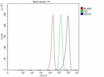 Flow Cytometry analysis of U251 cells using anti-ABCE1 antibody. Overlay histogram showing U251 cells stained with (Blue line). To facilitate intracellular staining, cells were fixed with 4% paraformaldehyde and permeabilized with permeabilization buffer. The cells were blocked with 10% normal goat serum. And then incubated with rabbit anti-ABCE1 antibody (1 ug/million cells) for 30 min at 20oC. DyLight 488 conjugated goat anti-rabbit IgG (5-10 ug/million cells) was used as secondary antibody for 30 minutes at 20oC. Isotype control antibody (Green line) was rabbit IgG (1 ug/million cells) used under the same conditions. Unlabelled sample without incubation with primary antibody and secondary antibody (Red line) was used as a blank control.