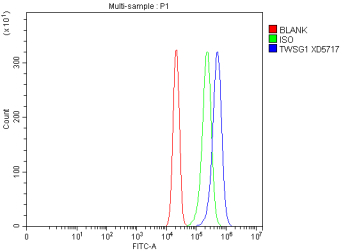 Flow Cytometry analysis of RT4 cells using anti-TWSG1 antibody. Overlay histogram showing RT4 cells stained with (Blue line). The cells were fixed with 4% paraformaldehyde and blocked with 10% normal goat serum. And then incubated with rabbit anti-TWSG1 antibody (1 ug/million cells) for 30 min at 20oC. DyLight 488 conjugated goat anti-rabbit IgG (5-10 ug/million cells) was used as secondary antibody for 30 minutes at 20oC. Isotype control antibody (Green line) was rabbit IgG (1 ug/million cells) used under the same conditions. Unlabelled sample without incubation with primary antibody and secondary antibody (Red line) was used as a blank control.