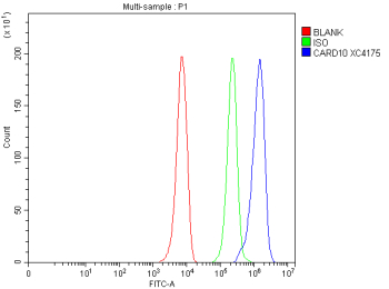 Flow Cytometry analysis of HepG2 cells using anti-CARD10 antibody. Overlay histogram showing HepG2 cells stained with (Blue line). To facilitate intracellular staining, cells were fixed with 4% paraformaldehyde and permeabilized with permeabilization buffer. The cells were blocked with 10% normal goat serum. And then incubated with rabbit anti-CARD10 antibody (1 ug/million cells) for 30 min at 20oC. DyLight 488 conjugated goat anti-rabbit IgG (5-10 ug/million cells) was used as secondary antibody for 30 minutes at 20oC. Isotype control antibody (Green line) was rabbit IgG (1 ug/million cells) used under the same conditions. Unlabelled sample without incubation with primary antibody and secondary antibody (Red line) was used as a blank control.