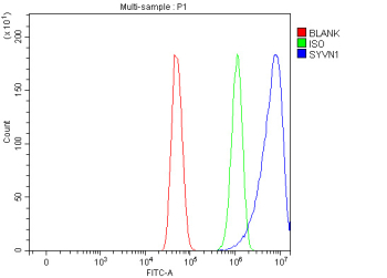 Flow cytometry analysis of fixed and permeabilized human U-251 cells with Synoviolin antibody at 1ug/million cells (blocked with goat sera); Red=cells alone, Green=isotype control, Blue= Synoviolin antibody.