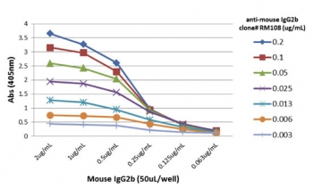 Mouse IgG2b Antibody for ELISA Titration Curve. ELISA titration analysis using plates coated with serial dilutions of mouse IgG2b demonstrates strong, concentration-dependent binding of clone RM108 across a broad dynamic range. Signal intensity decreases proportionally with antibody dilution, confirming high sensitivity and consistent binding performance. Detection was performed using an alkaline phosphatase-conjugated anti-rabbit IgG secondary antibody, supporting reliable quantification of Mouse IgG2b in ELISA-based immunoassays.
