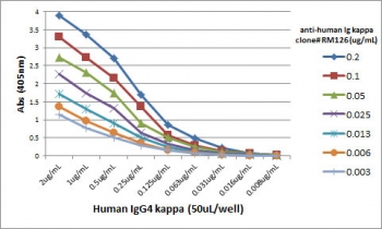 Human Kappa Light Chain Antibody for ELISA Titration Curve. ELISA titration analysis using plates coated with serial dilutions of human IgG4 kappa (50uL per well) demonstrates strong, concentration-dependent binding of clone RM126 across a wide dynamic range. Serial dilution of the primary antibody shows proportional signal reduction with decreasing antibody concentration, confirming high sensitivity and robust binding kinetics. Detection was performed using an alkaline phosphatase-conjugated anti-rabbit IgG secondary antibody, supporting reliable quantification of kappa light chain-containing immunoglobulins in ELISA-based assays.