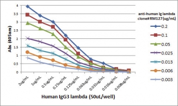 Biotinylated Human Lambda Light Chain Antibody for ELISA-Human IgG3 Lambda Titration Curve. ELISA titration analysis using the unlabeled parent Human Lambda Light Chain Antibody for ELISA clone RM127 demonstrates concentration-dependent detection of human IgG3 lambda-coated wells. Plates were coated with varying amounts of human IgG3 lambda and incubated with serial dilutions of RM127, followed by detection using an alkaline phosphatase-conjugated anti-rabbit IgG secondary antibody. The biotinylated Human Lambda Light Chain Antibody for ELISA is derived from this parent antibody and is designed for use in streptavidin-based detection systems to enable enhanced sensitivity in ELISA applications involving lambda light chain detection.