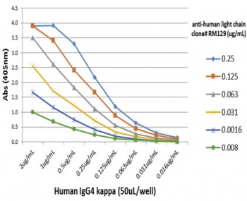 Human Immunoglobulin Light Chains Antibody for ELISA Human IgG4 Kappa Detection Curve. ELISA analysis using Human Immunoglobulin Light Chains Antibody for ELISA clone RM129 demonstrates concentration-dependent detection of the kappa light chain in human IgG4-coated wells. The antibody produces a strong and proportional signal across a range of antibody concentrations, supporting sensitive detection of kappa-containing immunoglobulins. This performance highlights its suitability for ELISA-based quantification of human immunoglobulin light chains in research applications.