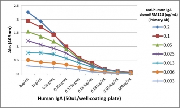 Human IgA Antibody for ELISA Titration Curve. ELISA titration analysis using plates coated with serial dilutions of human IgA demonstrates strong, concentration-dependent binding of clone RM128 across a broad dynamic range. Signal intensity decreases proportionally with antibody dilution, confirming high sensitivity and consistent binding performance. Detection was performed using an alkaline phosphatase-conjugated anti-rabbit IgG secondary antibody, supporting reliable quantification of Human IgA / IGHA in ELISA-based immunoassays.