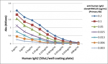 Human IgA2 Antibody Biotin ELISA Titration Curve. ELISA titration using plates coated with serial dilutions of human IgA2 demonstrates strong, concentration-dependent binding of clone RM125 across a broad dynamic range. Signal intensity decreases proportionally with antibody dilution and antigen concentration, confirming consistent binding kinetics and high sensitivity. Detection was performed using an alkaline phosphatase-conjugated anti-rabbit IgG secondary antibody. This titration profile reflects the intrinsic binding performance of the parent clone RM125 antibody and is representative of the characteristics retained in the biotinylated format of the Human IgA2 Antibody for ELISA / Biotinylated Anti-IgA2 Detection Antibody.