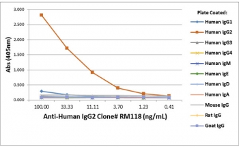 Human IgG2 Antibody for ELISA Subclass Specificity Analysis. ELISA analysis of human immunoglobulin subclasses demonstrates that clone RM118 selectively recognizes Human IgG2 / IGHG2, with strong signal observed for IgG2 across tested concentrations, while no cross-reactivity is detected with IgG1, IgG3, IgG4, IgE, IgD, or IgA, or with non-human IgG from mouse, rat, or goat. The results confirm high subclass specificity and support the use of this Human IgG2 Antibody for ELISA / Anti-Human IgG2 ELISA Detection Antibody for precise IgG2 measurement in ELISA-based immunoassays.