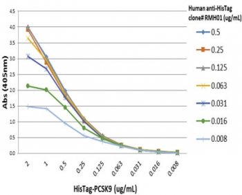 Recombinant His-Tag Chimeric Human Antibody ELISA. A titration ELISA was performed using PCSK9-His recombinant protein immobilized on the plate. Recombinant His-Tag Chimeric Human Antibody clone RMH01 was applied as the primary detection antibody at concentrations ranging from 0.008-0.5 ug/mL, followed by an HRP-conjugated anti-human IgG secondary antibody. Absorbance was measured at 405 nm. The antibody demonstrates strong, concentration-dependent binding to the His-tagged recombinant protein, with signal intensity decreasing predictably as both antigen and antibody concentrations are reduced. These results demonstrate that Recombinant His-Tag Chimeric Human Antibody provides sensitive and specific detection of His-tagged recombinant proteins in ELISA using standard anti-human IgG detection systems.