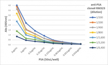 Prostate Specific Antigen Antibody Biotin Conjugate ELISA titration analysis of PSA. A titer ELISA was performed using purified PSA derived from human seminal fluid. Microplates were coated with decreasing amounts of PSA (50 uL per well), followed by incubation with serial dilutions of Prostate Specific Antigen Antibody Biotin Conjugate (clone RM323). An alkaline phosphatase conjugated anti-rabbit IgG was used as the secondary antibody for signal detection. The antibody shows strong concentration dependent binding to PSA, demonstrating sensitive detection across multiple antibody dilutions in the ELISA assay.