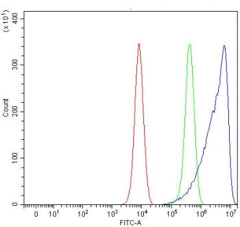 Flow cytometry testing of human K562 cells with MIF antibody at 1ug/million cells (blocked with goat sera); Red=cells alone, Green=isotype control, Blue= MIF antibody.