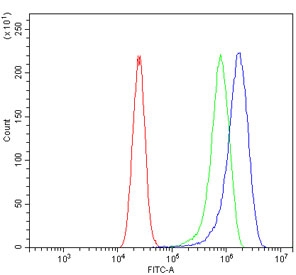 Flow cytometry testing of human Caco-2 cells with TNF alpha antibody at 1ug/million cells (blocked with goat sera); Red=cells alone, Green=isotype control, Blue= TNF alpha antibody.