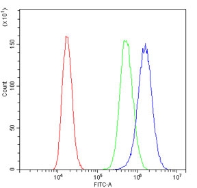 Flow cytometry testing of human PC-3 cells with VISA antibody at 1ug/million cells (blocked with goat sera); Red=cells alone, Green=isotype control, Blue= VISA antibody.