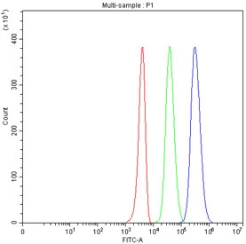 Flow cytometry testing of fixed and permeabilized human 293T cells with PRMT4 antibody at 1ug/million cells (blocked with goat sera); Red=cells alone, Green=isotype control, Blue= PRMT4 antibody.