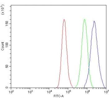 Flow cytometry testing of fixed and permeabilized human A549 cells with GCLC antibody at 1ug/million cells (blocked with goat sera); Red=cells alone, Green=isotype control, Blue= GCLC antibody.