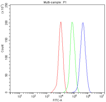 Flow cytometry analysis of fixed and permeabilized human ThP-1 cells with PIK3R2 antibody at 1ug/million cells (blocked with goat sera); Red=cells alone, Green=isotype control, Blue= PIK3R2 antibody.