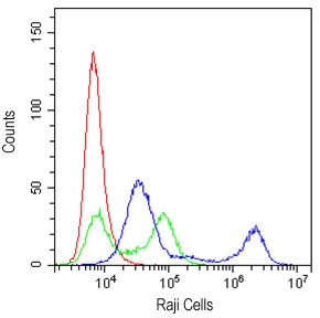 Flow cytometry testing of human Raji cells with CD22 antibody at 1ug/million cells (cells blocked with goat sera); Red=cells alone, Green=isotype control, Blue=CD22 antibody.