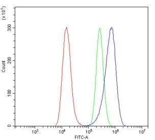Flow cytometry testing of human A549 cells with Peroxiredoxin 5 antibody at 1ug/million cells (blocked with goat sera); Red=cells alone, Green=isotype control, Blue= Peroxiredoxin 5 antibody.