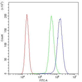 Flow cytometry testing of fixed and permeabilized human A431 cells with TCP1 epsilon antibody at 1ug/million cells (blocked with goat sera); Red=cells alone, Green=isotype control, Blue= TCP1 epsilon antibody.
