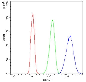 Flow cytometry testing of human A431 cells with PML antibody at 1ug/10^6 cells (blocked with goat sera); Red=cells alone, Green=isotype control, Blue= PML antibody.