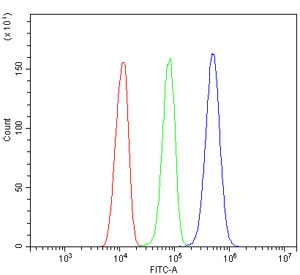 Flow cytometry testing of human ThP-1 cells with DR5 antibody at 1ug/million cells (blocked with goat sera); Red=cells alone, Green=isotype control, Blue= DR5 antibody.