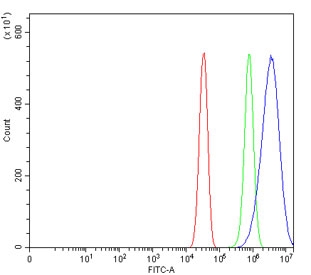 Bid Antibody Mouse Neuro-2a Cell FACS. Flow cytometry testing of mouse Neuro-2a cells with Bid antibody at 1ug/million cells (blocked with goat sera); Red=cells alone, Green=isotype control, Blue= Bid antibody.