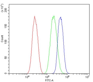 Flow cytometry testing of human Caco-2 cells with MMP16 antibody at 1ug/million cells (blocked with goat sera); Red=cells alone, Green=isotype control, Blue= MMP16 antibody.