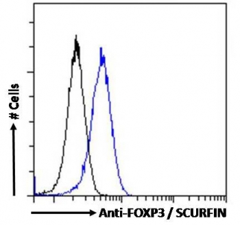 FACS testing of fixed and permeabilized human Jurkat cells with FOXP3 antibody (blue) at 10ug/10^6 cells and naive goat Ig (black).