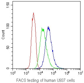 Flow cytometry testing of human U-937 cells with CD41 antibody at 1ug/10^6 cells.  CD41 antibody (blue), isotype control (green), cells alone (red).