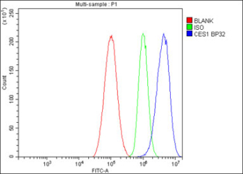 Flow cytometry testing of fixed and permeabilized human HepG2 cells with Carboxylesterase 1 antibody at 1ug/million cells (blocked with goat sera); Red=cells alone, Green=isotype control, Blue= Carboxylesterase 1 antibody.