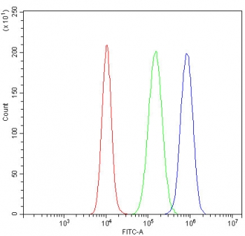 Flow cytometry testing of fixed and permeabilized human A431 cells with SP1 antibody at 1ug/million cells (blocked with goat sera); Red=cells alone, Green=isotype control, Blue= SP1 antibody.