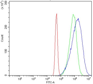 NSE Antibody FACS. Flow cytometry testing of human A431 cells with NSE antibody at 1ug/million cells (blocked with goat sera); Red=cells alone, Green=isotype control, Blue= NSE antibody.