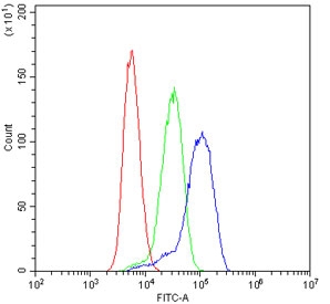 Flow cytometry testing of human ThP-1 cells with CD272 antibody at 1ug/10^6 cells (blocked with goat sera); Red=cells alone, Green=isotype control, Blue= CD272 antibody.