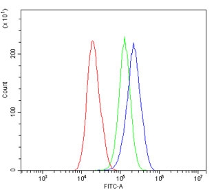 Flow cytometry testing of human HepG2 cells with IQGAP1 antibody at 1ug/million cells (blocked with goat sera); Red=cells alone, Green=isotype control, Blue= IQGAP1 antibody.