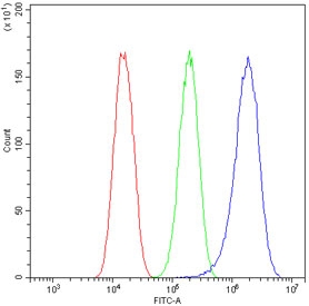 Flow cytometry testing of human U-87 MG cells with HOOK3 antibody at 1ug/10^6 cells (blocked with goat sera); Red=cells alone, Green=isotype control, Blue= HOOK3 antibody.