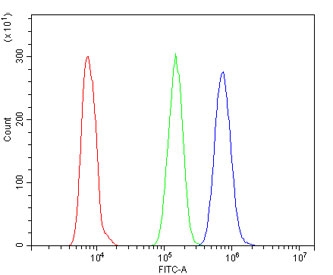 Flow cytometry testing of human HL60 cells with ARNTL2 antibody at 1ug/million cells (blocked with goat sera); Red=cells alone, Green=isotype control, Blue= ARNTL2 antibody.