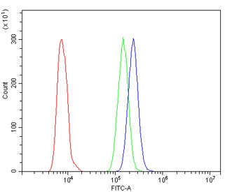 Flow cytometry testing of human HL60 cells with Nucleolin antibody at 1ug/million cells (blocked with goat sera); Red=cells alone, Green=isotype control, Blue= Nucleolin antibody.