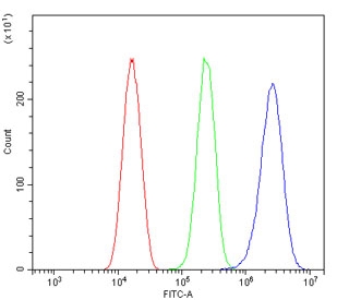 Flow cytometry testing of human HeLa cells with TIE2 antibody at 1ug/million cells (blocked with goat sera); Red=cells alone, Green=isotype control, Blue= TIE2 antibody.
