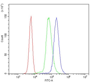 Flow cytometry testing of human U937 cells with NCAM1 antibody at 1ug/million cells (blocked with goat sera); Red=cells alone, Green=isotype control, Blue= NCAM1 antibody.